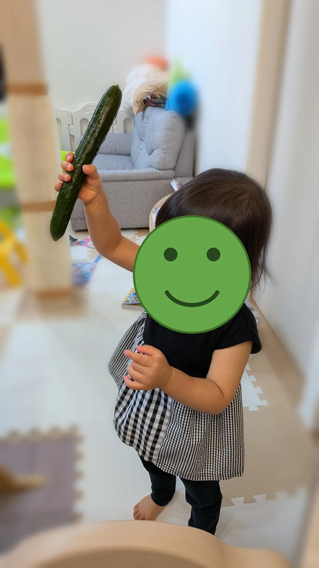 きゅうりを片手で高く掲げて立つこども (顔はスタンプで隠し、背景はぼかしてある)