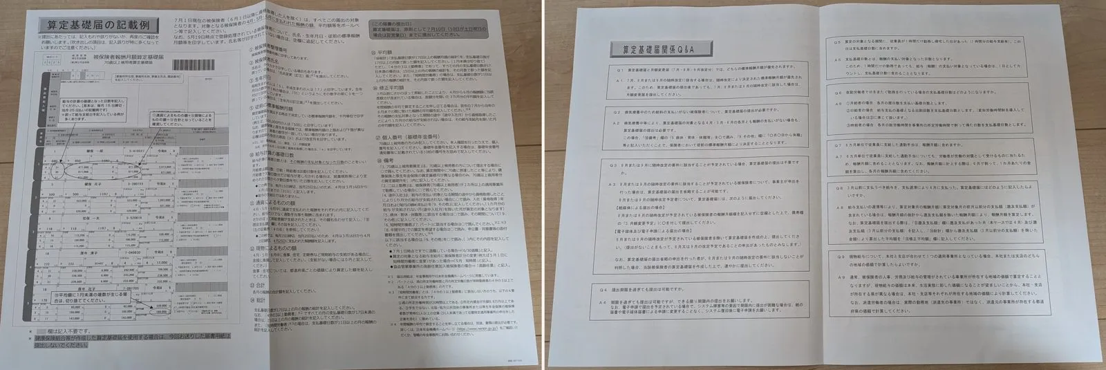 算定基礎届の記入例とQ&Aの見開き