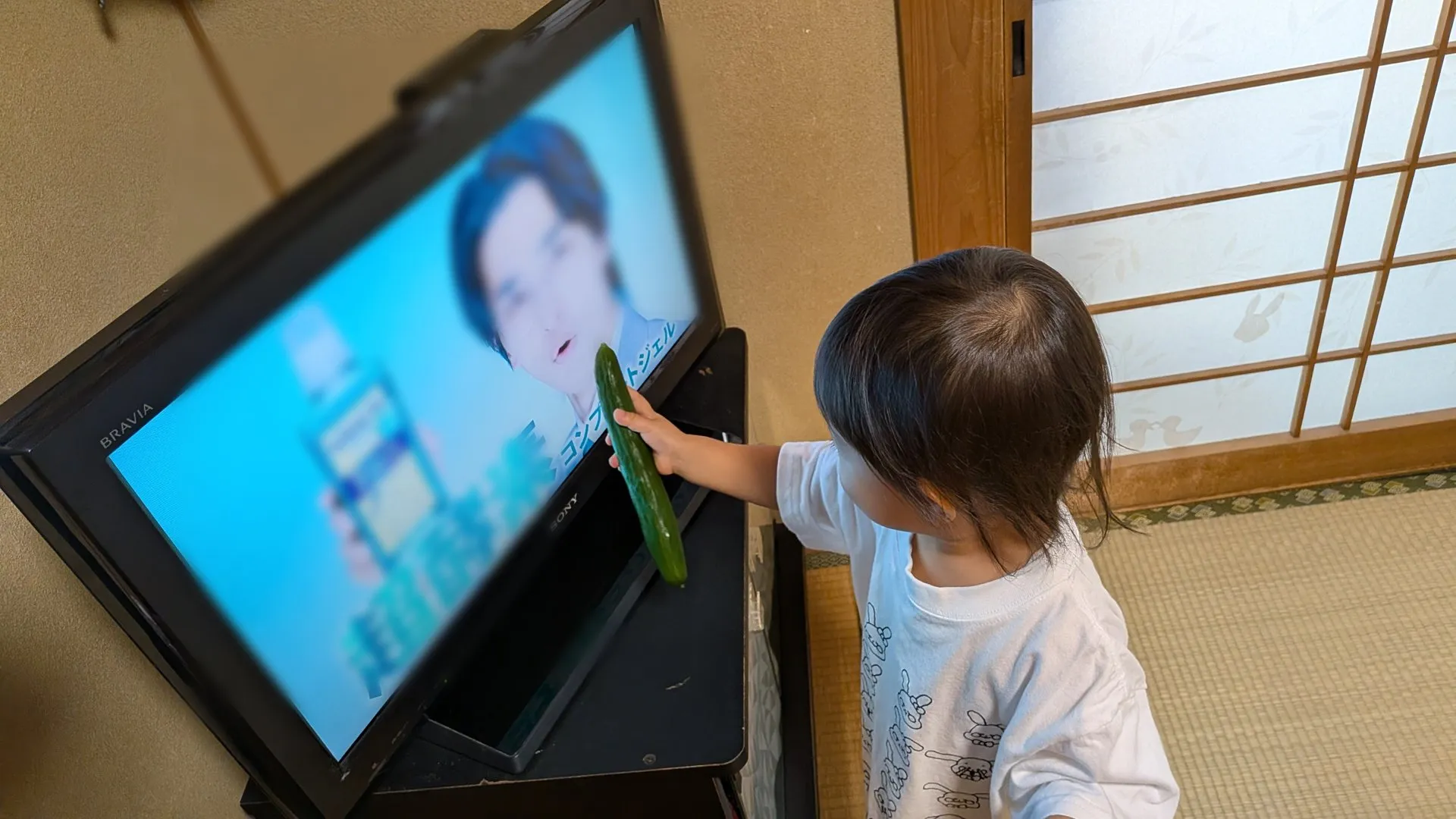 テレビ画面に映る人に向かって、きゅうりを差し出すこども