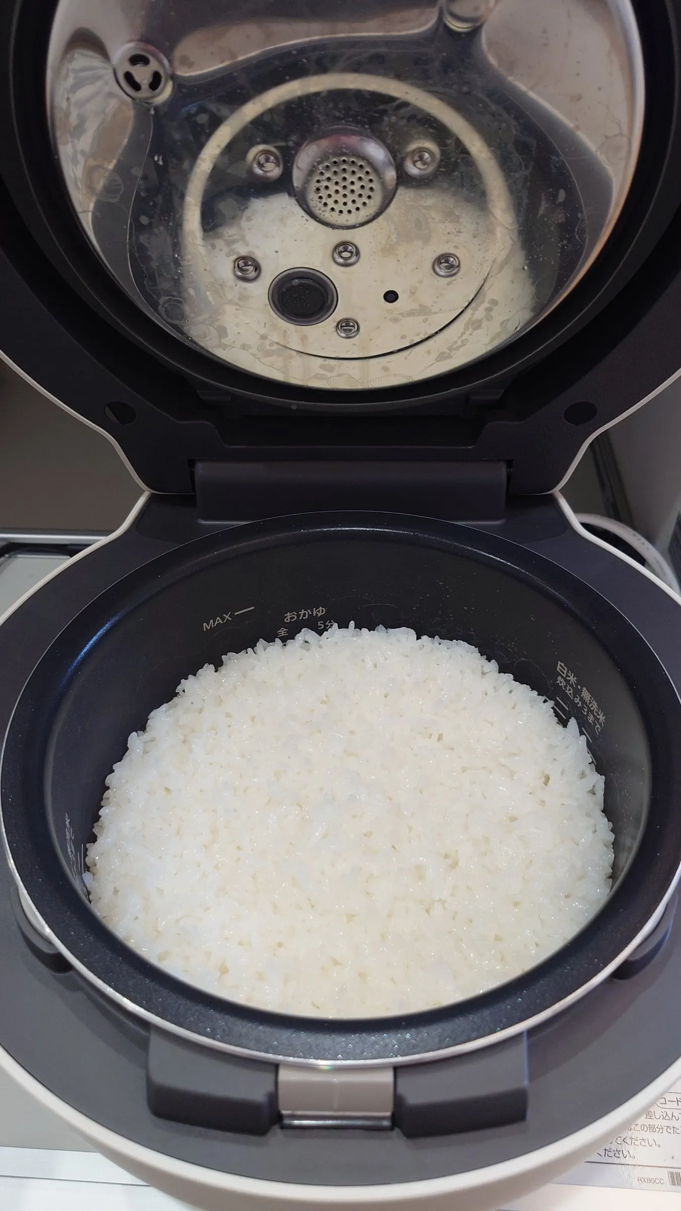 炊き上がり直後、蓋を開けた瞬間。湯気が立つ白米と内蓋の水滴