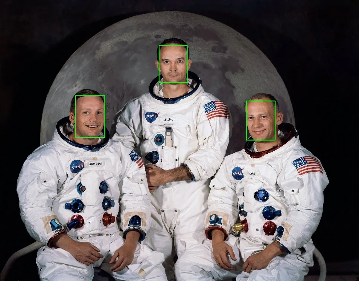 アポロ11号クルー3人の顔がすべて検出されている集合写真