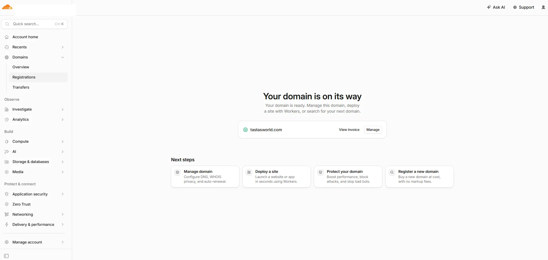 Cloudflare のドメイン購入完了画面「Your domain is on its way」。tastasworld.com の登録が完了した状態