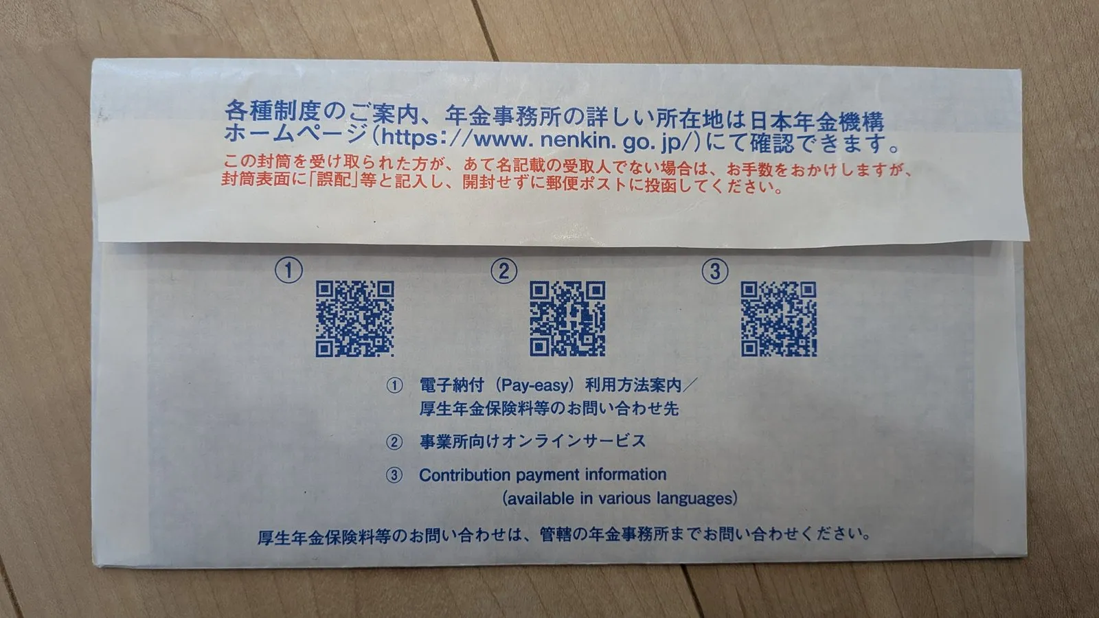 封筒裏面の3つのQRコード。電子納付案内・事業所向けオンラインサービス・多言語の納付案内
