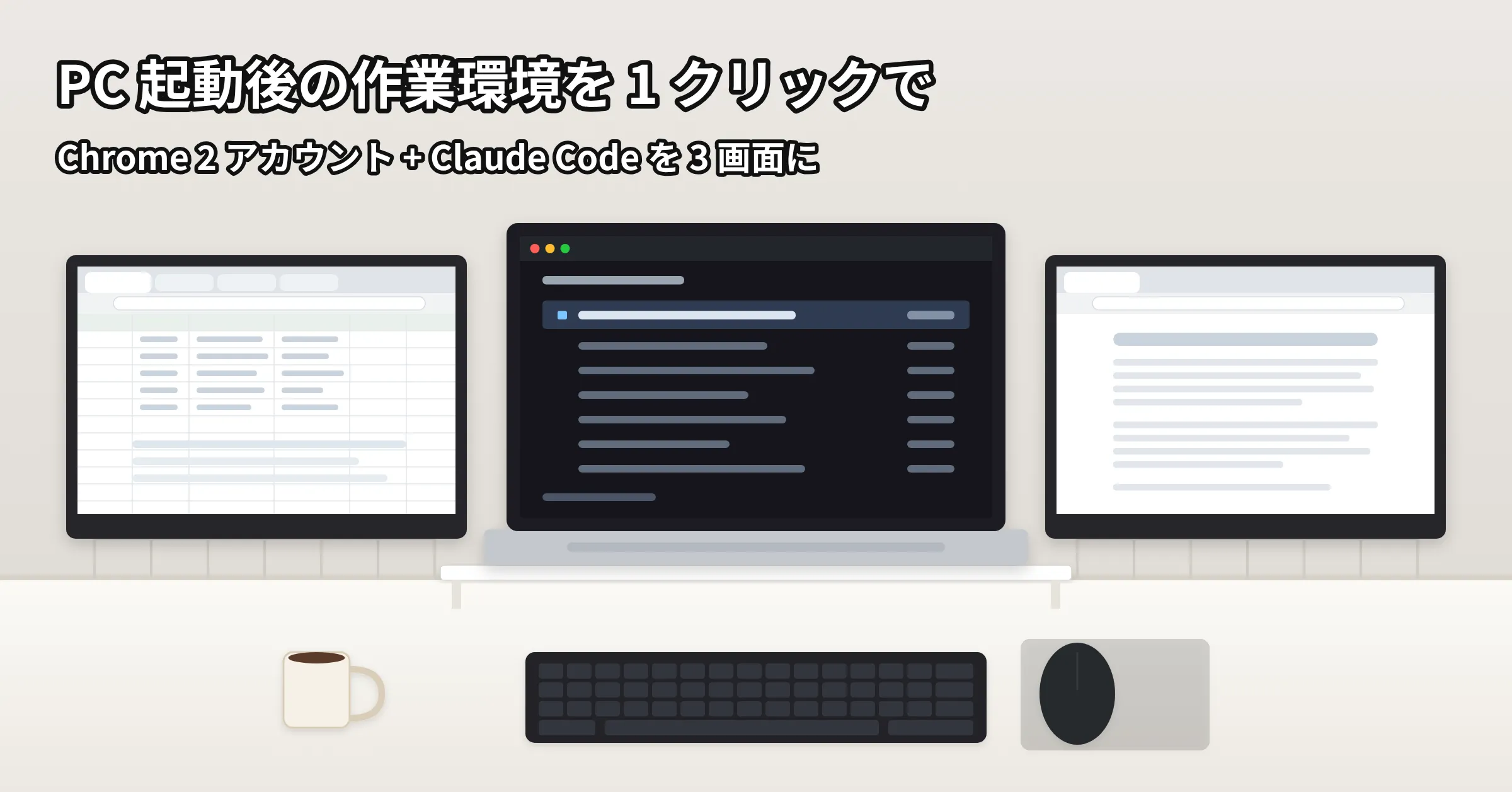 3 画面に並んだ作業環境のイラスト。左にメインの Chrome (スプレッドシート)、中央のノート PC に Claude Code のセッション履歴一覧、右にブログ用の Chrome