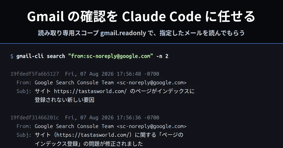 ターミナルで gmail-cli search from:sc-noreply@google.com を実行し、Google Search Console からの通知メール2件の日時・差出人・件名が一覧表示されている画面。上部に「Gmail の確認を Claude Code に任せる」の見出し