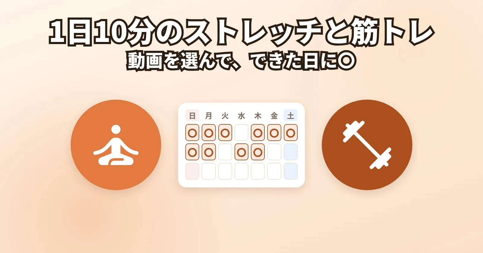 「1日10分のストレッチと筋トレ」「動画を選んで、できた日に〇」の文字。ストレッチをする人のアイコンとダンベルのアイコンの間に、〇が付いた記録カレンダーの絵