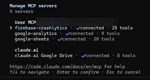 修正後の /mcp 接続管理画面。google-sheets が connected · 20 tools に戻っている