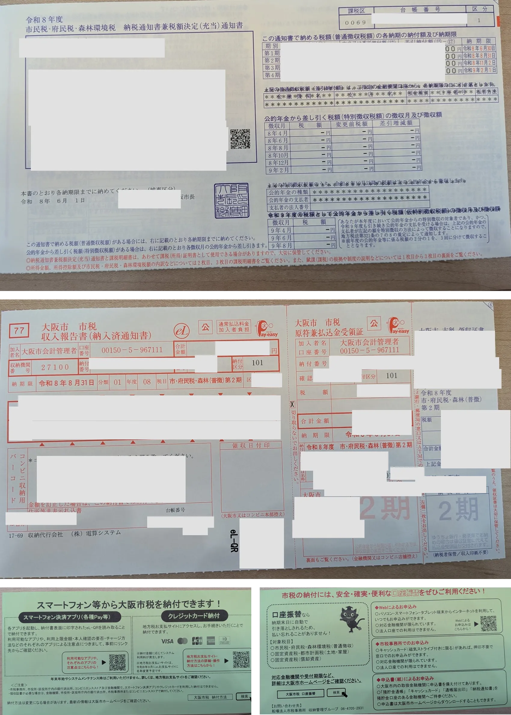封筒の中身一式。納税通知書、納付書、同封のリーフレット2種