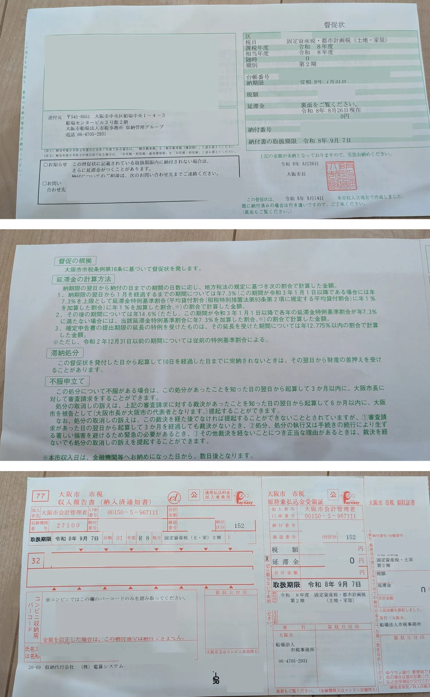 督促状の表と裏、同封の納付書。督促状の表には税目・納期限・税額・延滞金・取扱期限の欄があり、裏には延滞金の計算方法などの説明がある