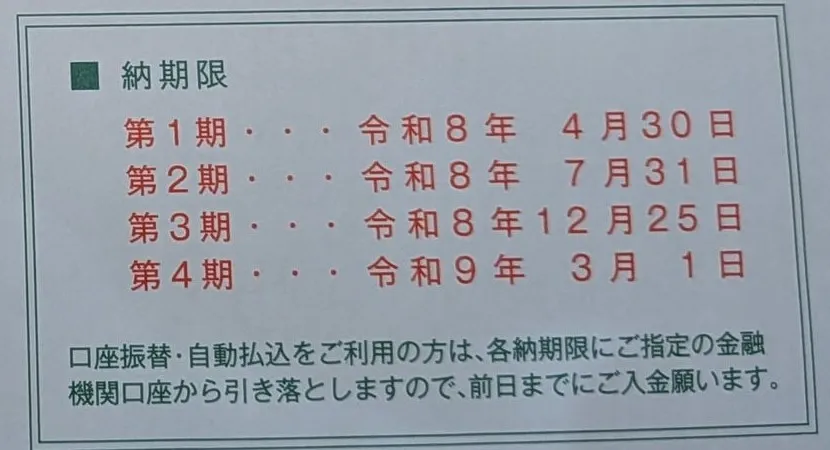封筒の表に印刷された納期限の一覧。第1期から第4期までの日付と、「口座振替の場合は前日までに入金を」という注記