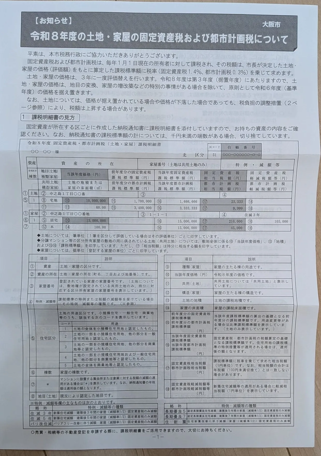 同封の「令和8年度の土地・家屋の固定資産税および都市計画税について」のお知らせ1ページ目。課税明細書の見方が記入例つきで説明されている