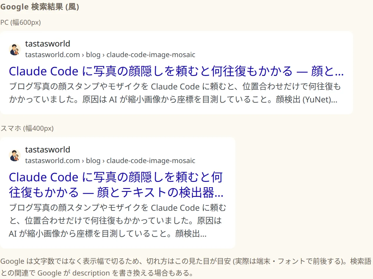 検索結果風のプレビュー。PC 幅 600px とスマホ幅 400px のカードが縦に並び、タイトルと説明文が途中で省略記号に変わっている