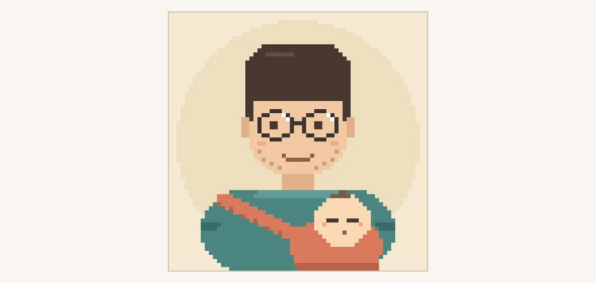 最初の指示から Claude Code が描いた 64×64 のドット絵。丸眼鏡と無精ひげの男性がティール色のパーカーを着て、テラコッタ色の抱っこ紐で眠る赤ちゃんを抱えている
