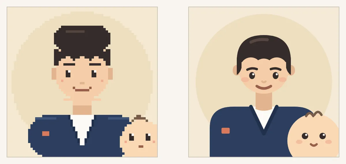 2 のプロンプトから Claude Code が描いた2枚。左はドット絵、右は SVG。どちらもネイビーのジャケットに白シャツの若い男性で、右下から赤ちゃんが顔を出している