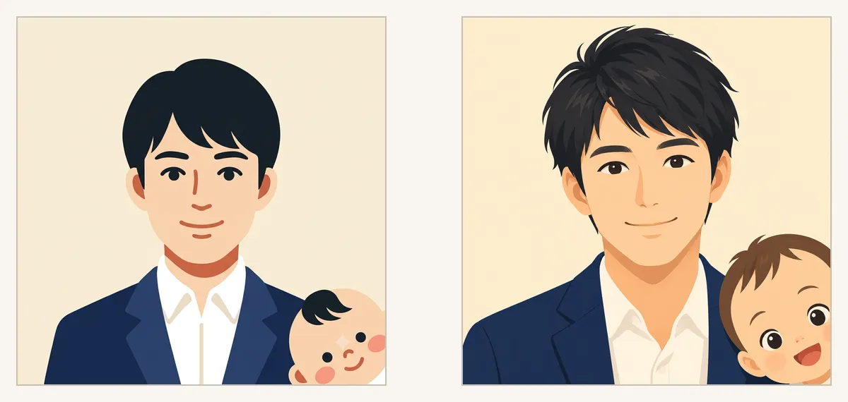 同じプロンプトで生成した2枚。左は Gemini で、線のないフラットな画風の正面向きの男性と、右下から顔を出す赤ちゃん。右は ChatGPT で、髪の束感のあるアニメ寄りの画風、顔に近い構図、口を開けて笑う赤ちゃん