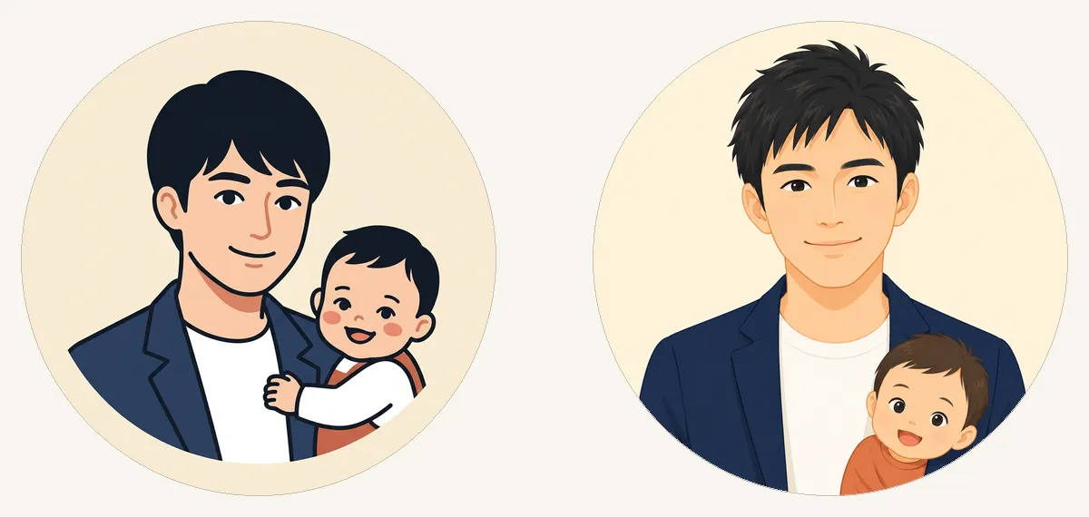生成し直した2枚を円形に切ったもの。左は Gemini で、太い線の絵本調。男性も赤ちゃんも少し斜めを向き、胸元の右に並んだ赤ちゃんが、ジャケットをつかんでいる。右は ChatGPT で、4 と同じ系統の画風。赤ちゃんが胸元の右下に収まり、ジャケットの内側に入り込んで見える