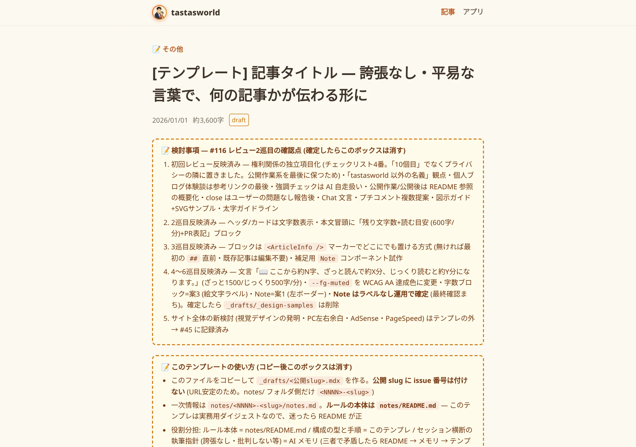テンプレートページの先頭。検討事項・使い方・公開準備チェックリストの3つのTODOボックスが並んでいる